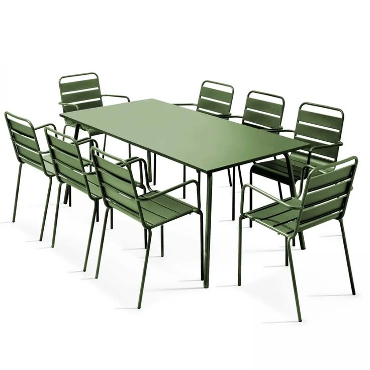 a green table and six chairs with one chair facing the other, set against a white background