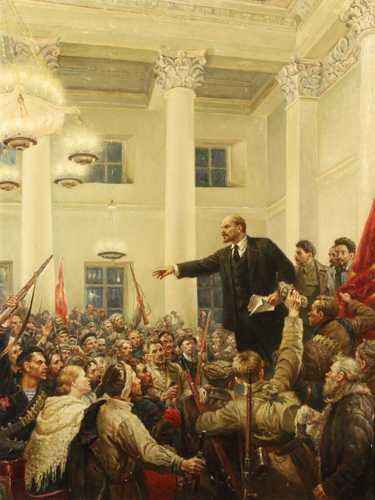 a painting of a man standing in front of a large group of people holding flags