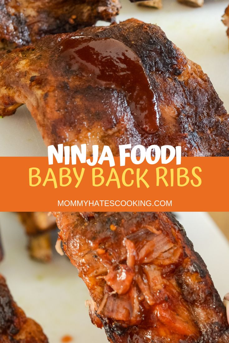 baby back ribs covered in bbq sauce and sitting on a cutting board with text overlay