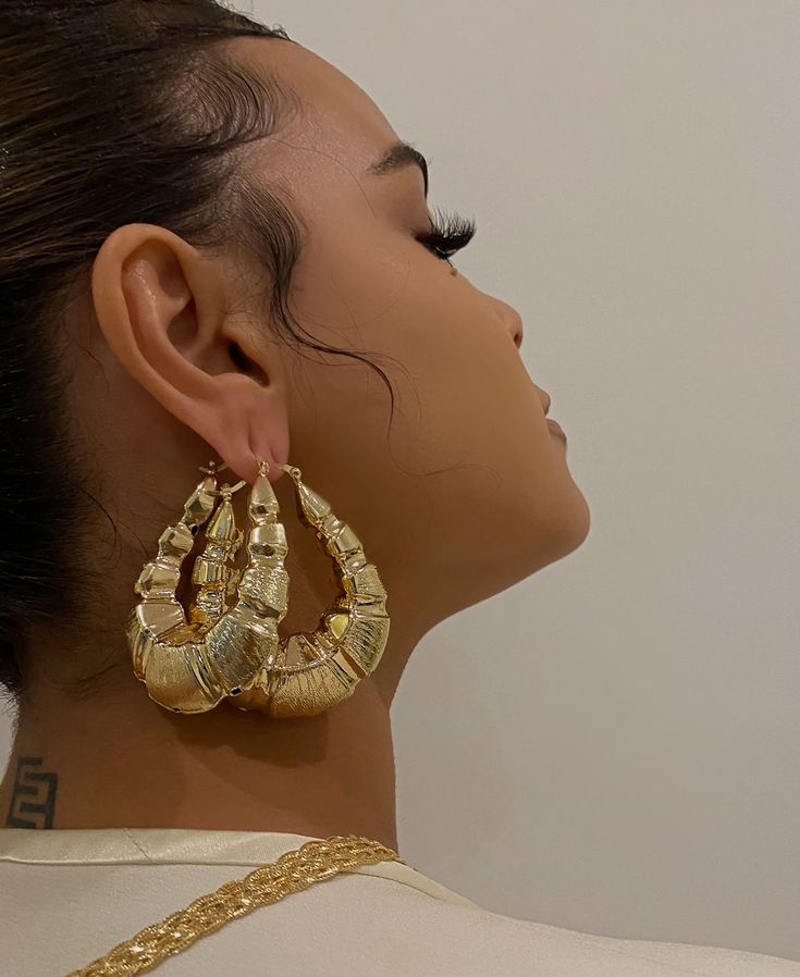 14k Gold Plated Long Somali Gold Earrings, Exquisite Luxury Baroque Jewelry, Dope Jewelry Accessories, Bamboo Earrings, Dope Jewelry, Chunky Jewelry, Jewelry Fashion Trends, Funky Jewelry, Stacked Jewelry