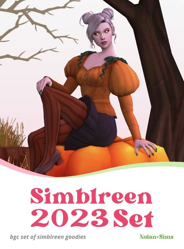 a woman sitting on top of an orange in front of a tree with the words simbreen 2053 set