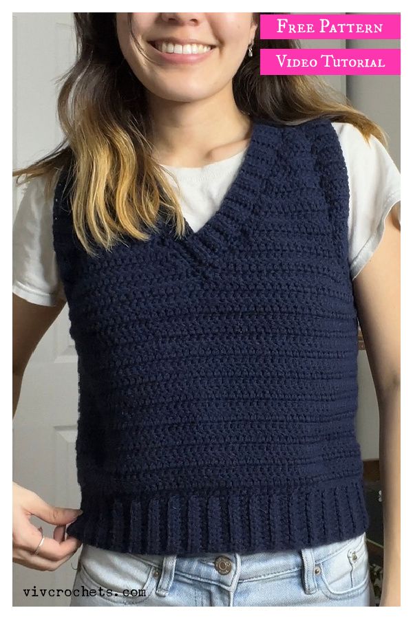 a woman wearing a blue crochet sweater vest and jeans with the text, free pattern