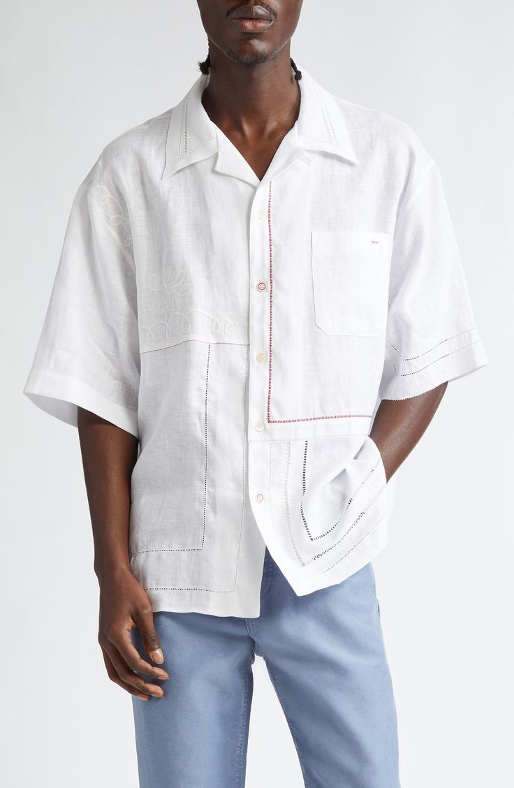 Put a fresh spin on your laid-back warm-weather look with this linen bowling shirt detailed with a bricolage of embroidery in assorted styles and hues. 28" length, 45" chest (size 48EU) Front button closure Convertible collar Short sleeves Chest patch pocket 100% linen Dry clean Made in Italy White Embroidered Camp Shirt For Spring, Spring Embroidered White Camp Shirt, White Embroidered Camp Shirt For Summer, White Embroidered Summer Camp Shirt, Embroidered Collared White Camp Shirt, White Embroidered Collared Camp Shirt, White Linen Camp Shirt For Spring, Embroidered White Short Sleeve Camp Shirt, White Embroidered Short Sleeve Camp Shirt