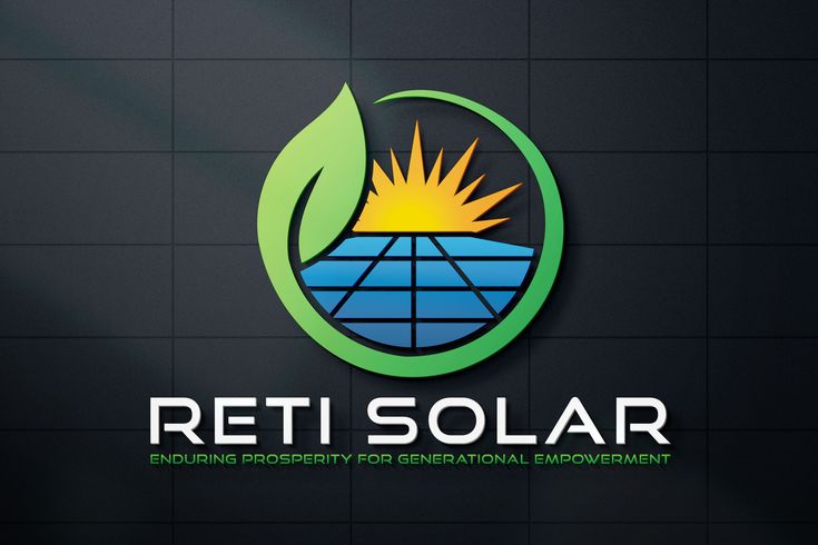 the logo for reti solar is shown on a dark background with green leaves and blue water