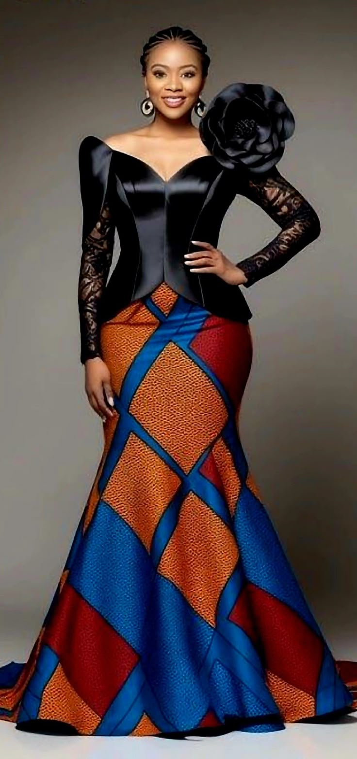 Credit: AfricanGlamour Black Gold Decorations, Ankara Gown Style, Silk Dress Style, African Print Gowns, African Prints Styles, Aso Ebi Style, Ankara Skirt And Blouse, Shift Dress Casual, Gold Decorations