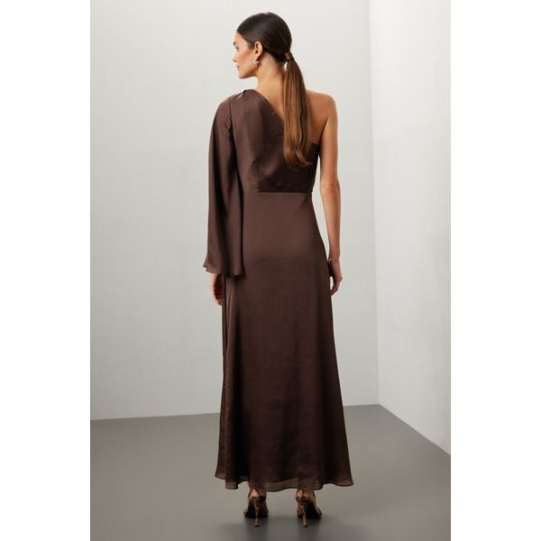 Brown (100% Polyester). Gown. Long sleeve. One shoulder. Side zipper closure. 60" from shoulder to hemline. Imported. Silk One-shoulder Maxi Dress For Dinner, One-shoulder Maxi Dress With Draped Sleeves For Evening, One Shoulder Silk Maxi Dress For Dinner, Long Sleeve Bias Cut Dress For Gala, One Shoulder Maxi Dress With Draped Sleeves For Evening, One Shoulder Evening Maxi Dress For Fall, Long Sleeve Bias Cut Gala Dress, Evening Dresses With Draped Sleeves For Fall, Bias Cut Evening Dresses For Fall