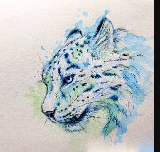 a drawing of a snow leopard's head with blue and green watercolors