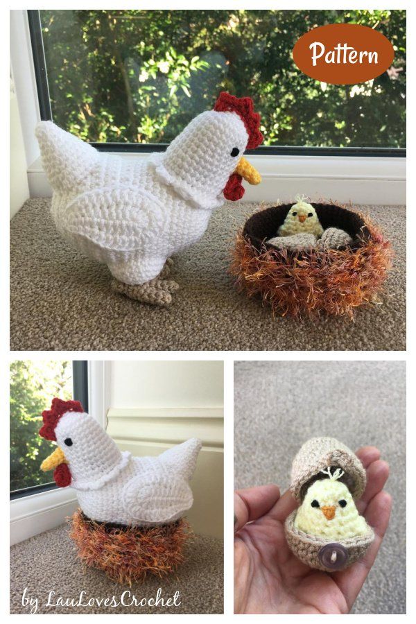 crocheted chicken in a nest with two chickens inside it, and the second is made out of yarn