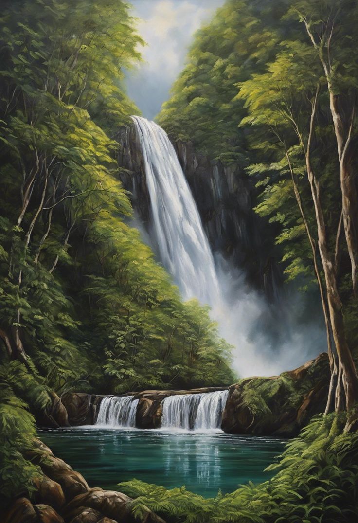 a painting of a waterfall surrounded by trees