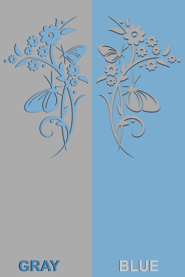 two blue and gray wallpapers with flowers on the left side, one in grey and the other in light blue