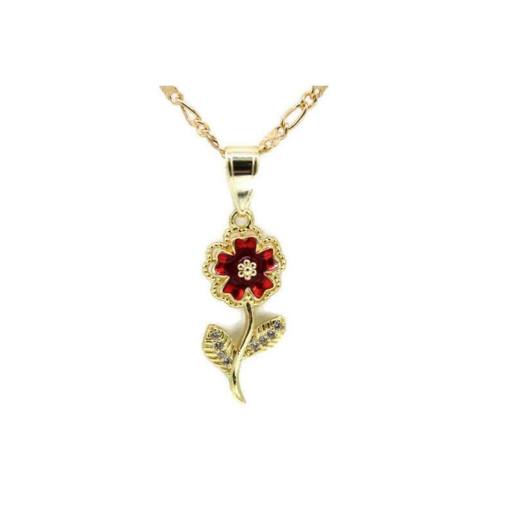 "Red Flower NecklaceFlower Pendant Pendant and Necklace 24K Gold Filled Pendant Measures 1 1/2\" Necklace Measures 22\" Cadena de Flor RojaMedalla de Flor Roja Es de 24K Oro Laminado Medalla Mide 1 1/2\" Cadena Mide 22\"" Gold Flower Necklace For Valentine's Day, Gold Flower Pendant Necklace For Valentine's Day, Gold Flower Charm Necklace For Valentine's Day, Gold Flower Necklace With Charm For Valentine's Day, Valentine's Day Gold Flower Necklace With Flower Charm, Valentine's Day Gold Flower Charm Necklace, Elegant Red Flower Charm Necklace, Elegant Red Flower Necklace With Charm, Gold Jewellery Collection