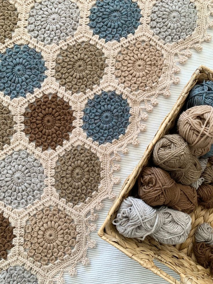 several skeins of yarn are in a basket on a table top next to a crocheted afghan