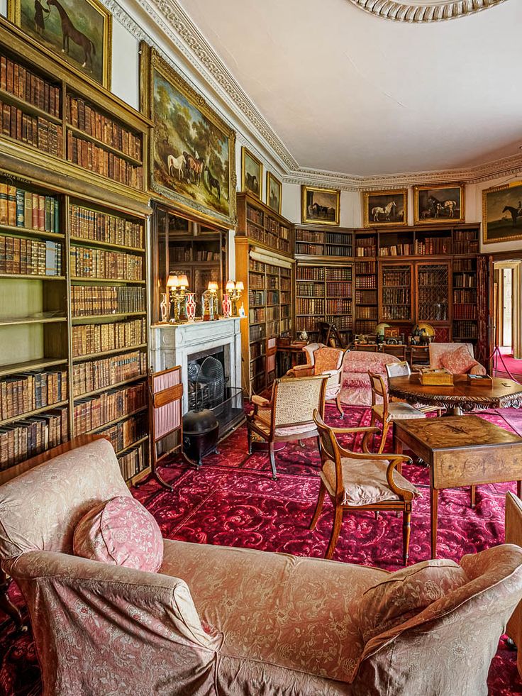 a living room filled with lots of furniture and bookshelves next to a fire place