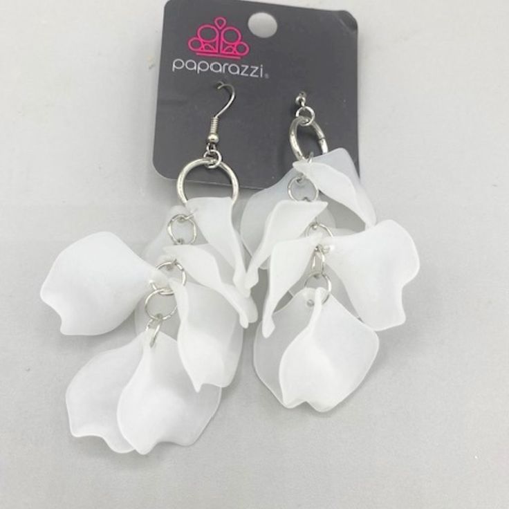 Paparazzi White Flower Petals Earrings Elegant Flower Earrings For Summer, Elegant Flower Charm Earrings For Summer, Summer Party 3d Flower Earrings, White Flower-shaped Earrings For Party, White Flower-shaped Party Earrings, Spring Party Petal-shaped Earrings, White Drop Flower Earrings For Party, White Dangle Flower Earrings For Spring, White Flower Drop Earrings For Parties