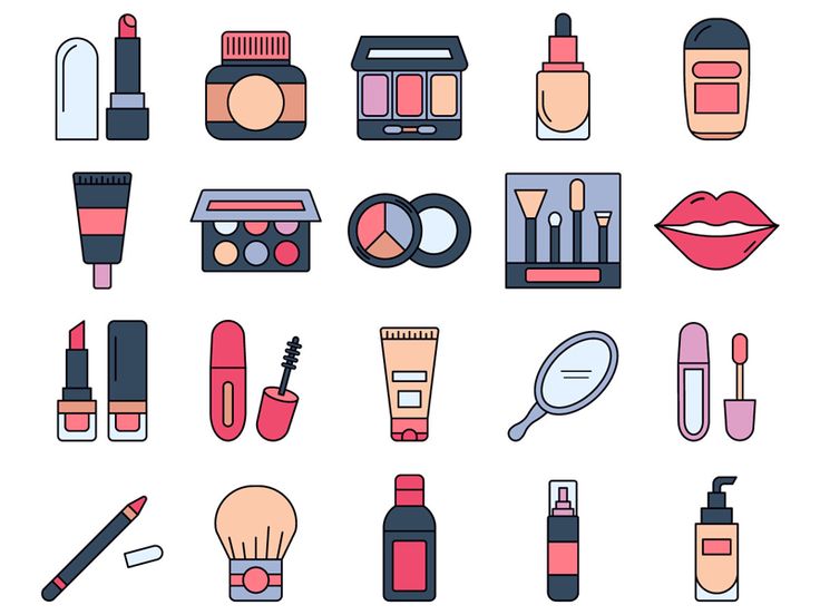 various cosmetics and makeup products are arranged on a white background