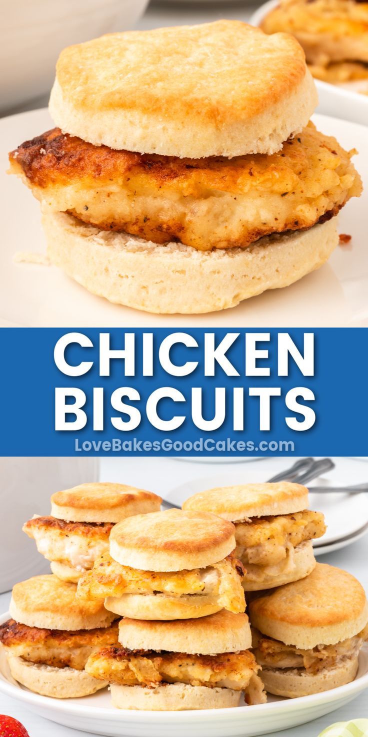 chicken biscuits pin collage Healthy Chicken Biscuit Sandwich, Chicken And Biscuit Sandwich, Chicken For Breakfast Ideas, Chicken Biscuit Recipes, Chicken Breakfast Sandwich, Breakfast With Chicken, Chicken Biscuit Sandwich, Chicken For Breakfast, Sandwich Specials