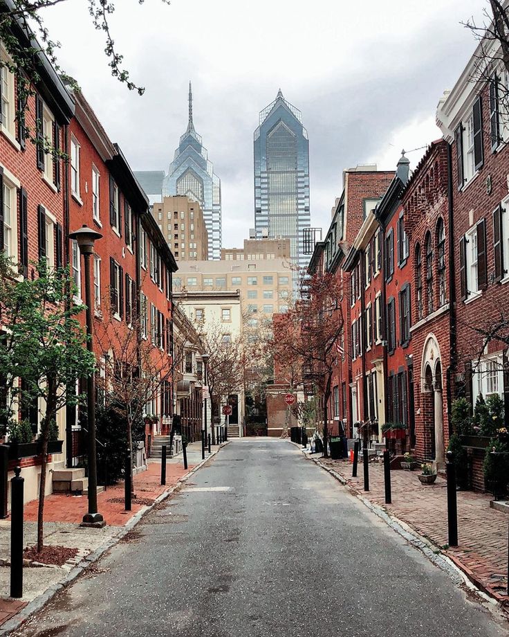 an empty city street with tall buildings in the backgrouns and trees on both sides