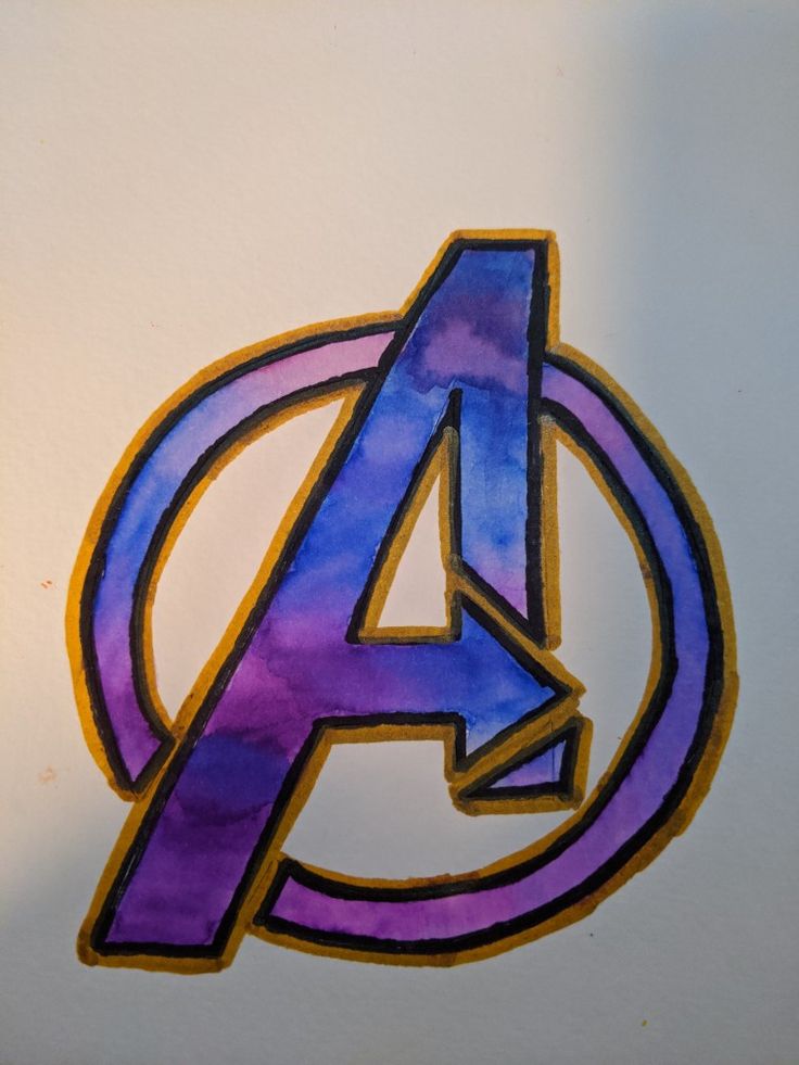 the avengers logo is painted in purple and blue on a white background with black outline