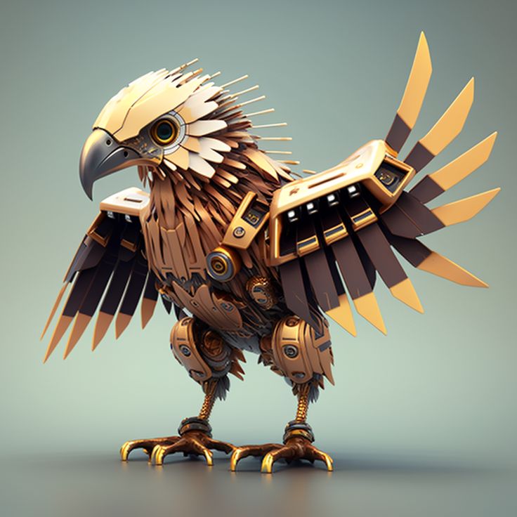 a golden and black bird is standing on one leg with its wings spread wide open