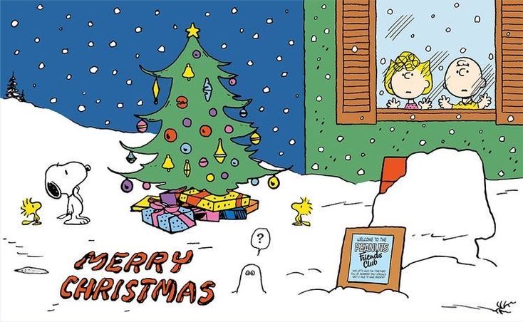 a charlie brown christmas card with a tree in the snow and peanuts on it's window sill