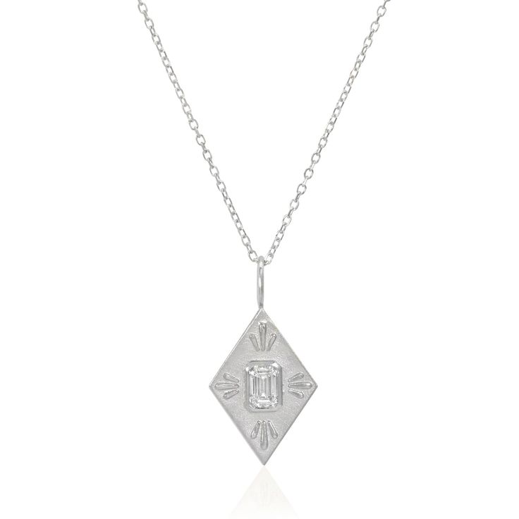 Vale Jewelry Fleche Amulet with White Emerald Cut Diamond on Diamond Cut Cable Chain in 14 Karat White Gold Close Up Vale Jewelry, Black Diamond Necklace, Diamond Bar Necklace, Heart Choker Necklace, Rosecut Diamond Ring, Amulet Necklace, Emerald Cut Diamond, Rose Gold Pendant, Diamond Bar