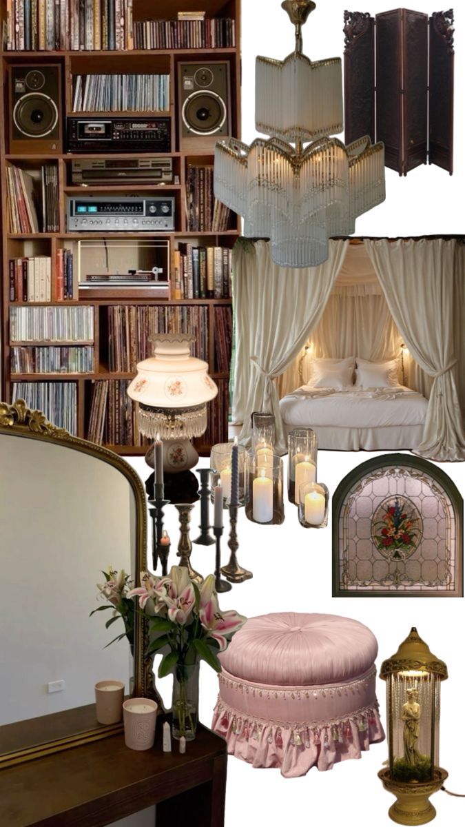 a collage of different rooms with bookshelves, lamps, and other items