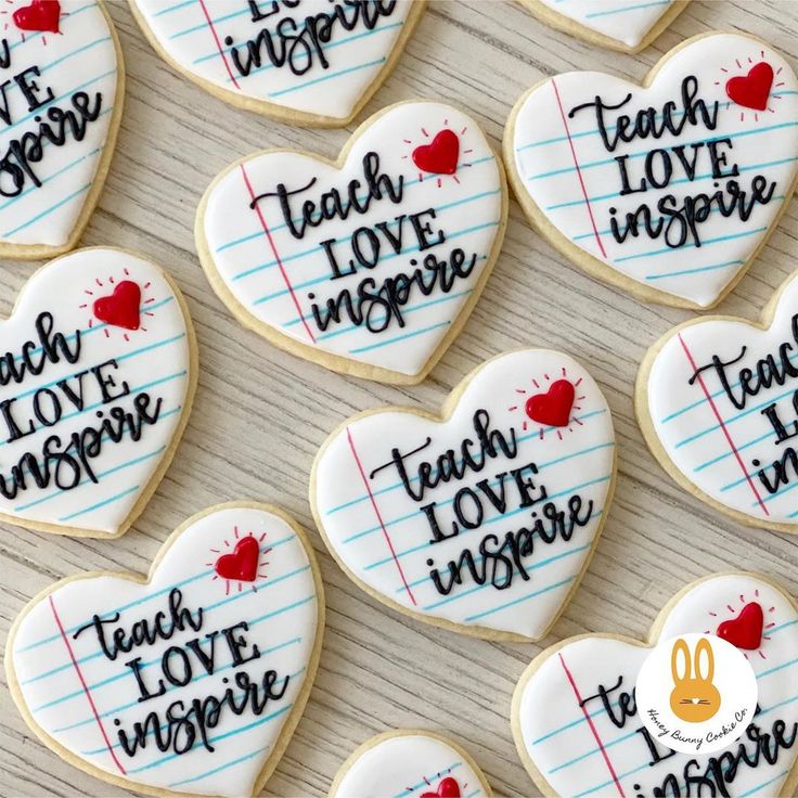 heart shaped cookies that say teach love inspire