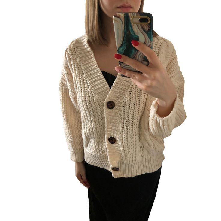 Beige Chunky Open Front Button Cardigan Beige Buttoned Cardigan For Fall, Cozy Beige Cardigan With Buttons, Cozy Beige Buttoned Cardigan, Trendy Beige Cardigan With Button Closure, Cozy Beige Button-up Cardigan, Beige Button-up Cozy Cardigan, Oversized Beige Cardigan With Button Closure, Trendy Beige Sweater With Buttons, Cream Cardigan With Button Closure For Fall