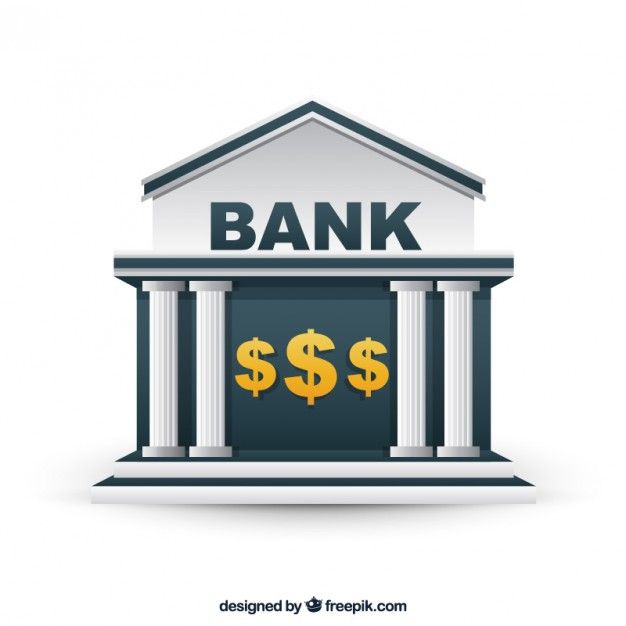 a bank building with dollar signs on the front and columns at the top, against a white background