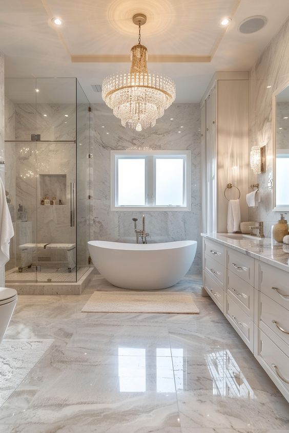 a large bathroom with marble floors and white fixtures, chandelier above the bathtub