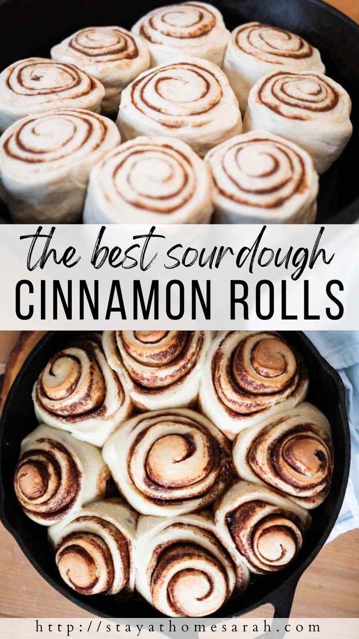 the best sourdough cinnamon rolls in a cast iron skillet with text overlay