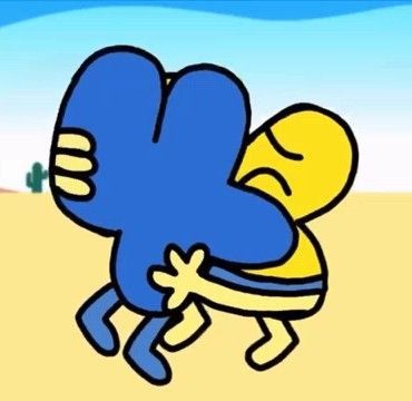 a blue and yellow cartoon character hugging another person in the middle of a desert area