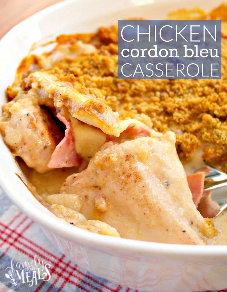 chicken cordon bleu casserole in a white bowl