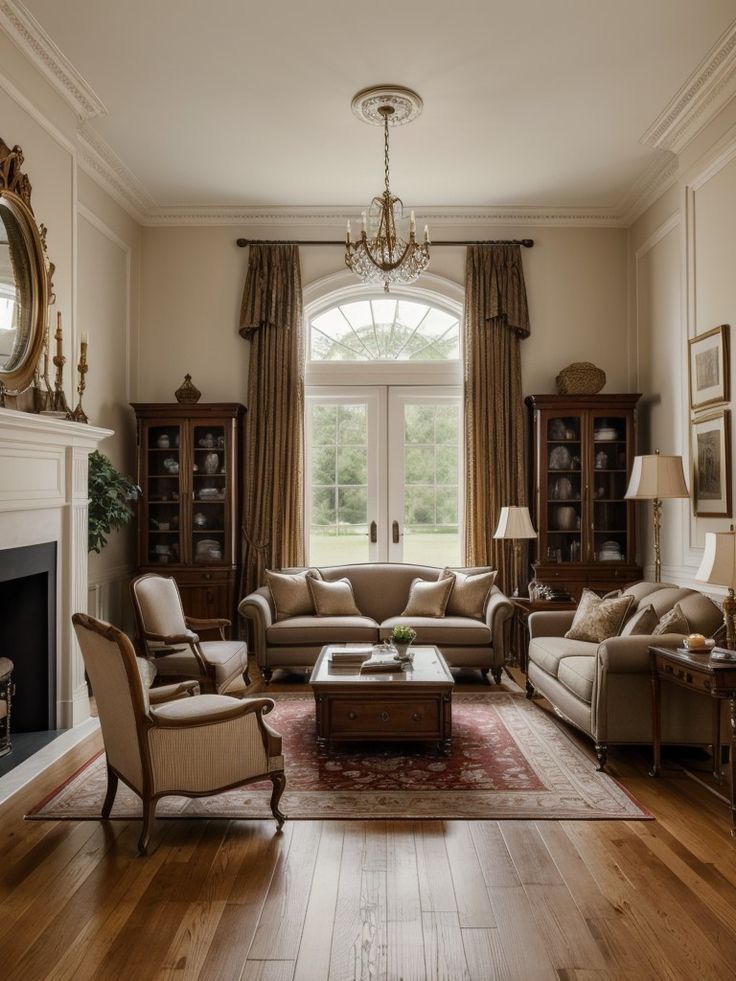 a living room filled with furniture and a fire place in front of a large window