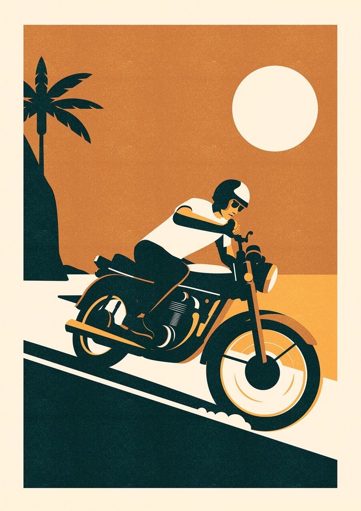 a man riding on the back of a motorcycle down a road next to a palm tree