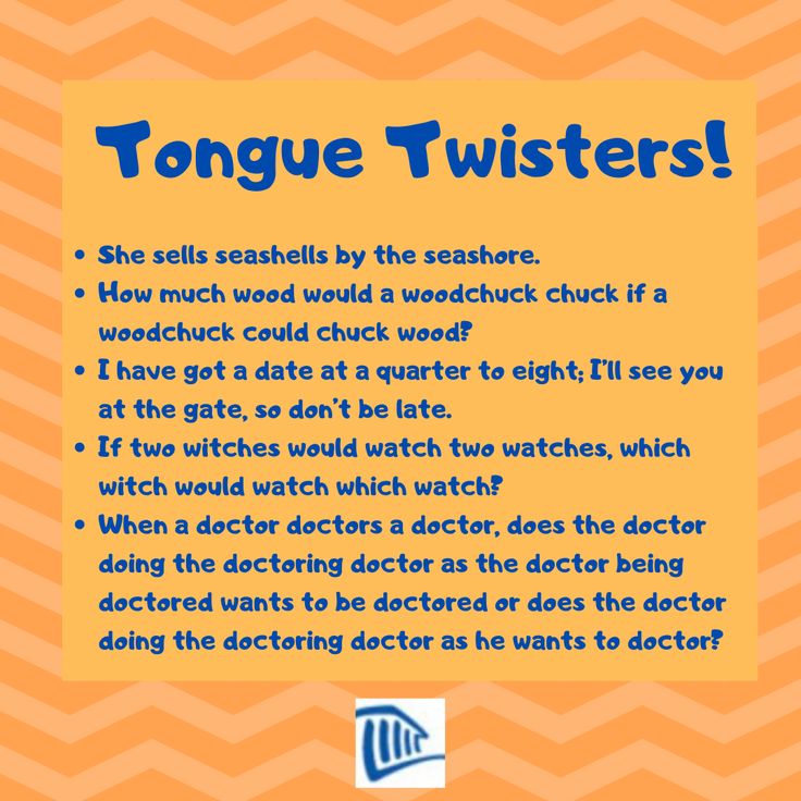 a sign that says tongue twisters on an orange and white chevroned background