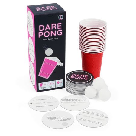 Set up in seconds and be the ultimate party host. Created by college students, Dare Pong is a full beer pong set with a twist. Weve added 78 drinking games and dares printed on 50 dare cards. Place a dare card under each cup. Once your cup is hit, read the dare card and do it! Most dare cards have a choice of 2 dares, but some are group activities. Finally, we left 3 cards blank for you to create your own dares. Friendsgiving Party Decorations, Drunk Games, Girls Night Games, 17th Birthday Ideas, Fun Drinking Games, Drinking Games For Parties, Party Card Games, Game For Adults, Friendsgiving Party