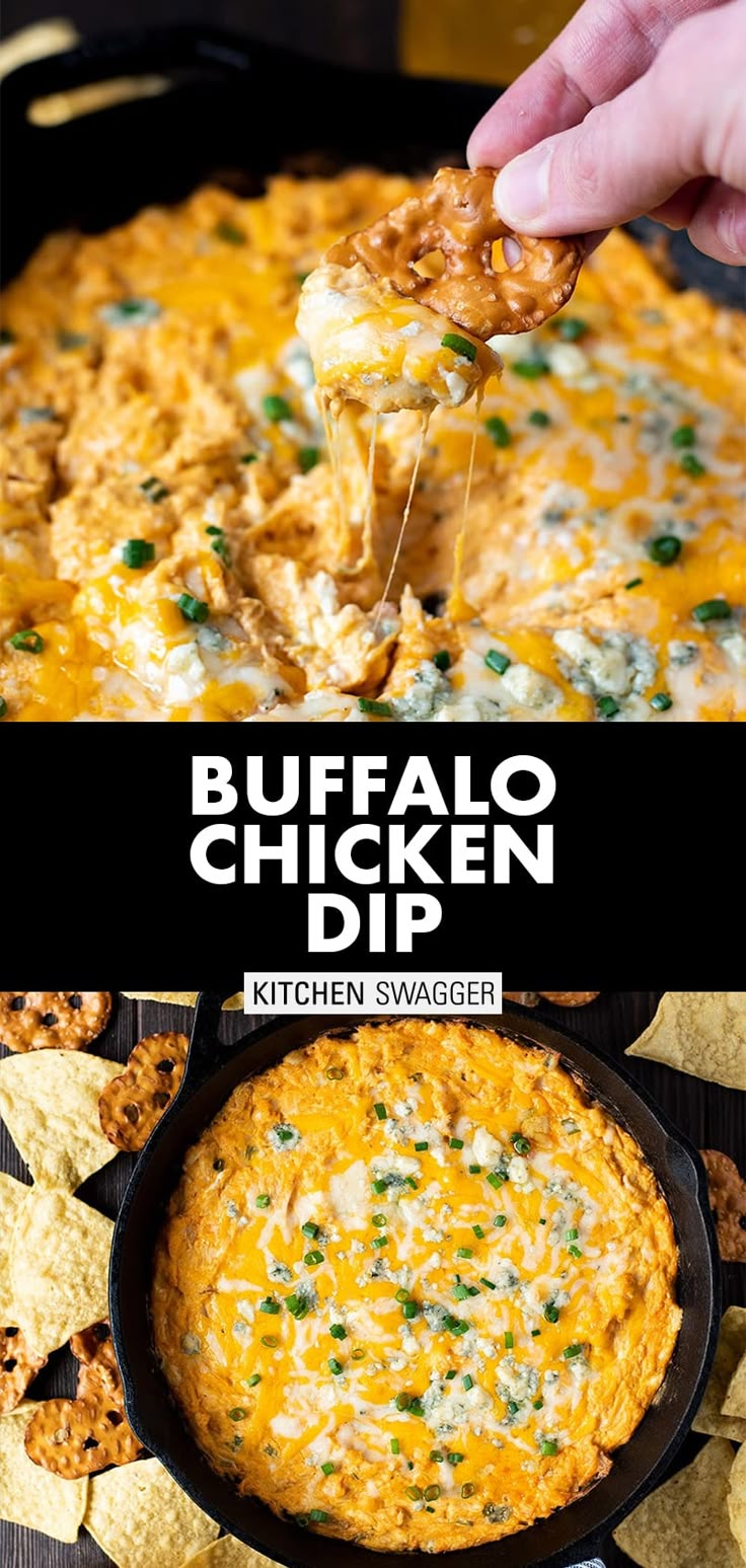 buffalo chicken dip in a cast iron skillet with tortilla chips