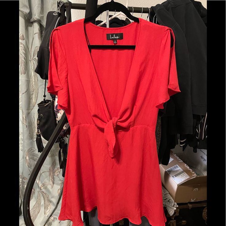 Nwot Lulus Red Dress. Cute Front Tie Up Detail And Open Shoulder Sleeve. Size Medium. Smoke Free And Pet Free Home. Same Day Shipping . Make An Offer Red Chic Mini Length Top, Red V-neck Mini Dress For Day Out, Red Dress Cute, Dresses Lulus, Lulus Dresses, Lulu Dresses, Shoulder Sleeve, Open Shoulder, Red Dress