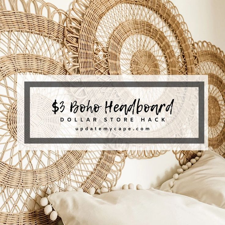 a bed with white sheets and pillows in front of a wicker headboard that says $ 3, 000 hembaad dollar store hack