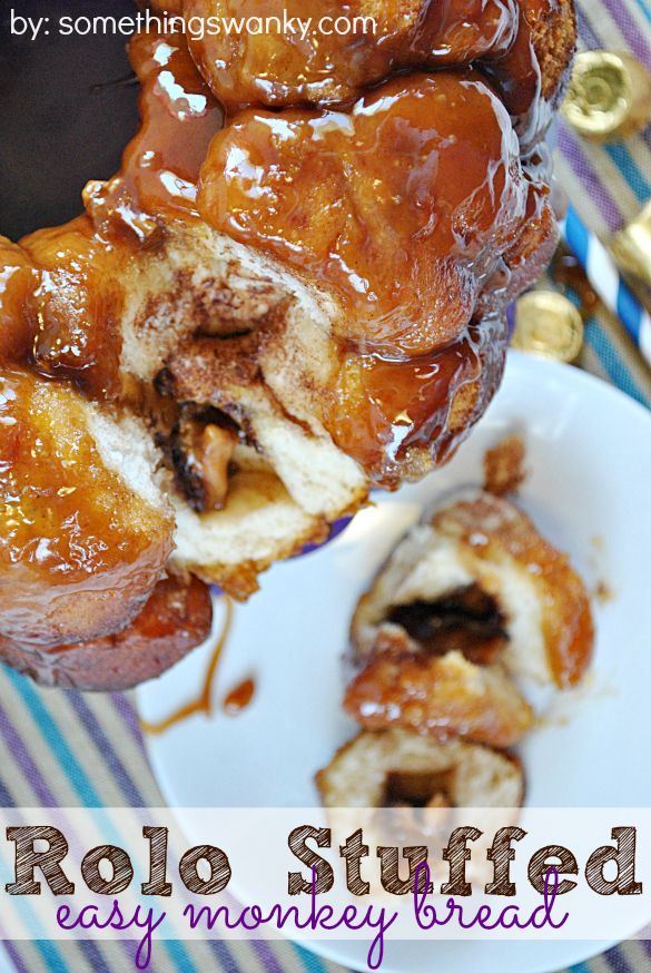 a close up of food on a plate with words above it that read, rolo stuffed easy monkey bread