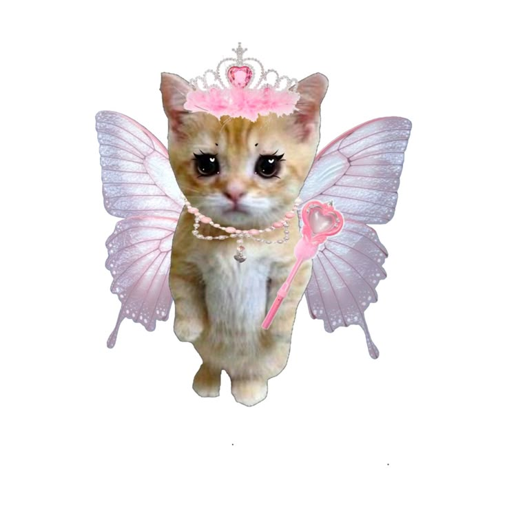 a cat wearing a tiara with wings and a pink ribbon