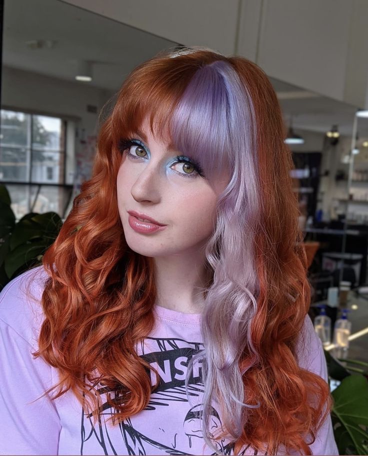 Lilac And Ginger Hair, Half Orange Half Purple Hair, Copper And Lavender Hair, Ginger And Lavender Hair, Ginger Purple Hair, Ginger Hair With Purple, Dyed Hair Patterns, Copper And Purple Hair, Ginger And Purple Hair