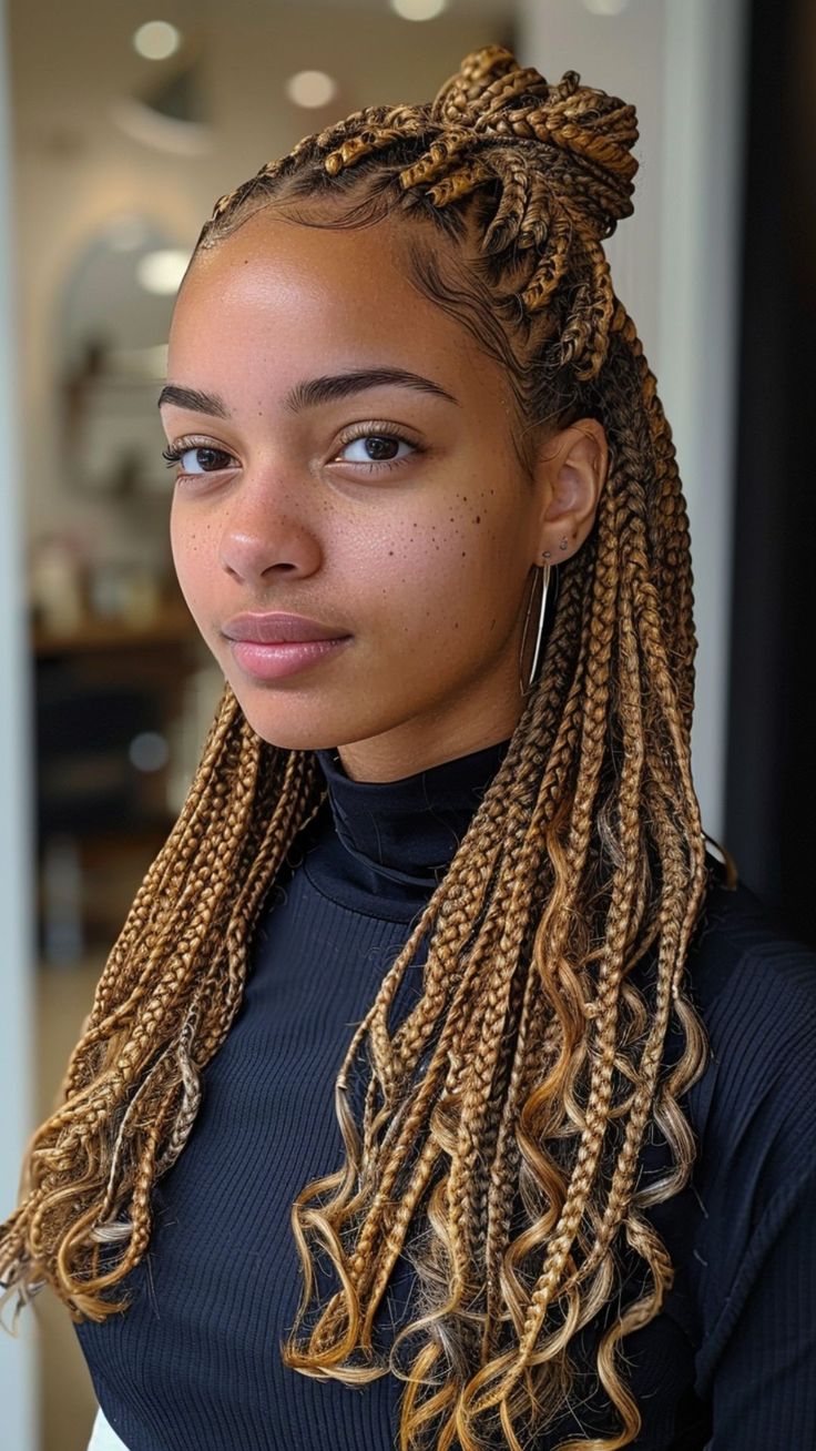 25 Mixed Blonde Knotless Braids to Sparkle in 2024 Knotless Braids 33 Color, Long Bob Knotless Braids, Shoulder Braids For Black Women, Blond Knotless Braids With Curls, Caramel Box Braids, Knotless Smedium Braids With Curly Ends, Blonde Marley Twists Black Women, Dark Brown And Blonde Braids, Blonde Knotless Braids With Curls