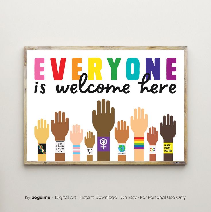 there is a sign that says everyone is welcome here with many hands in different colors