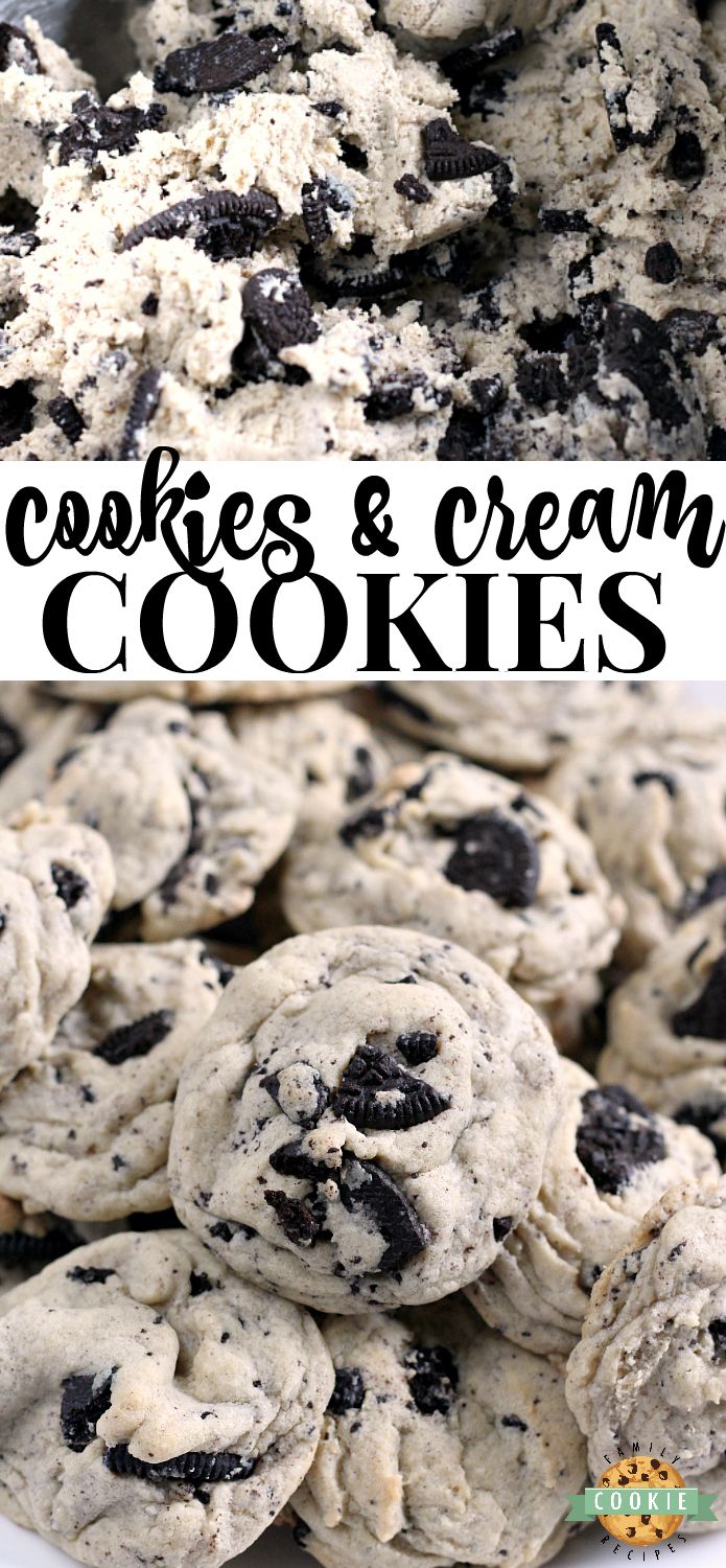 chocolate chip cookies and cream cookies on a white plate with text overlay that reads cookies and cream cookies