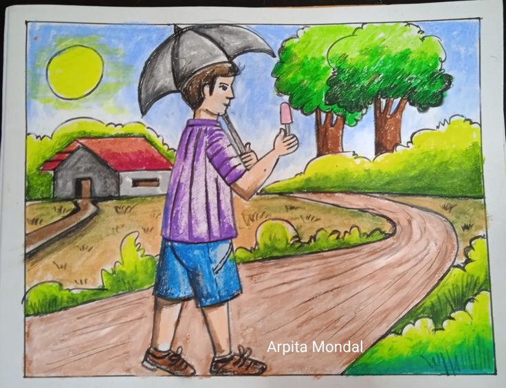 a drawing of a boy holding an umbrella over his head while standing on a road