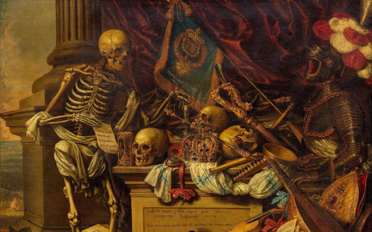 an image of a painting with skeletons and other things on it's display table