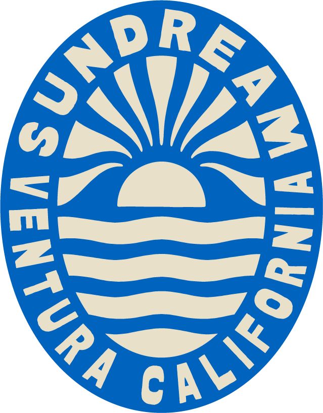 the sundree logo is shown in blue and white with an ocean scene on it