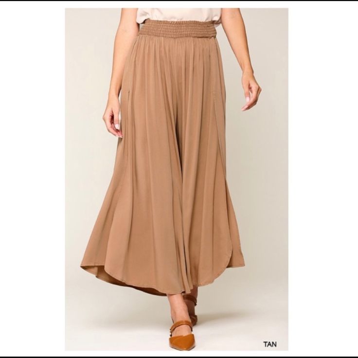 ~ 100% Rayon ~ Tan ~ Side Slits ~ Palazzo Pants Bin: K Chic Wide Leg Rayon Pants For Spring, Flowy Casual Bottoms For Day Out, Chic Flowy Bottoms For Brunch, Casual Summer Bottoms With Side Slits, Full-length Summer Bottoms With Side Slits, Casual Summer Pants With Side Slits, Casual Bottoms With Side Slits For Summer, Rayon Bottoms For Day Out, Brown Bottoms With Elastic Waistband For Day Out